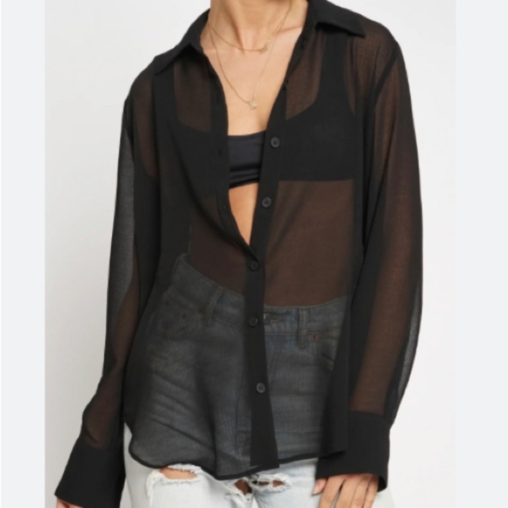 Moda International Black Sheer Button Top